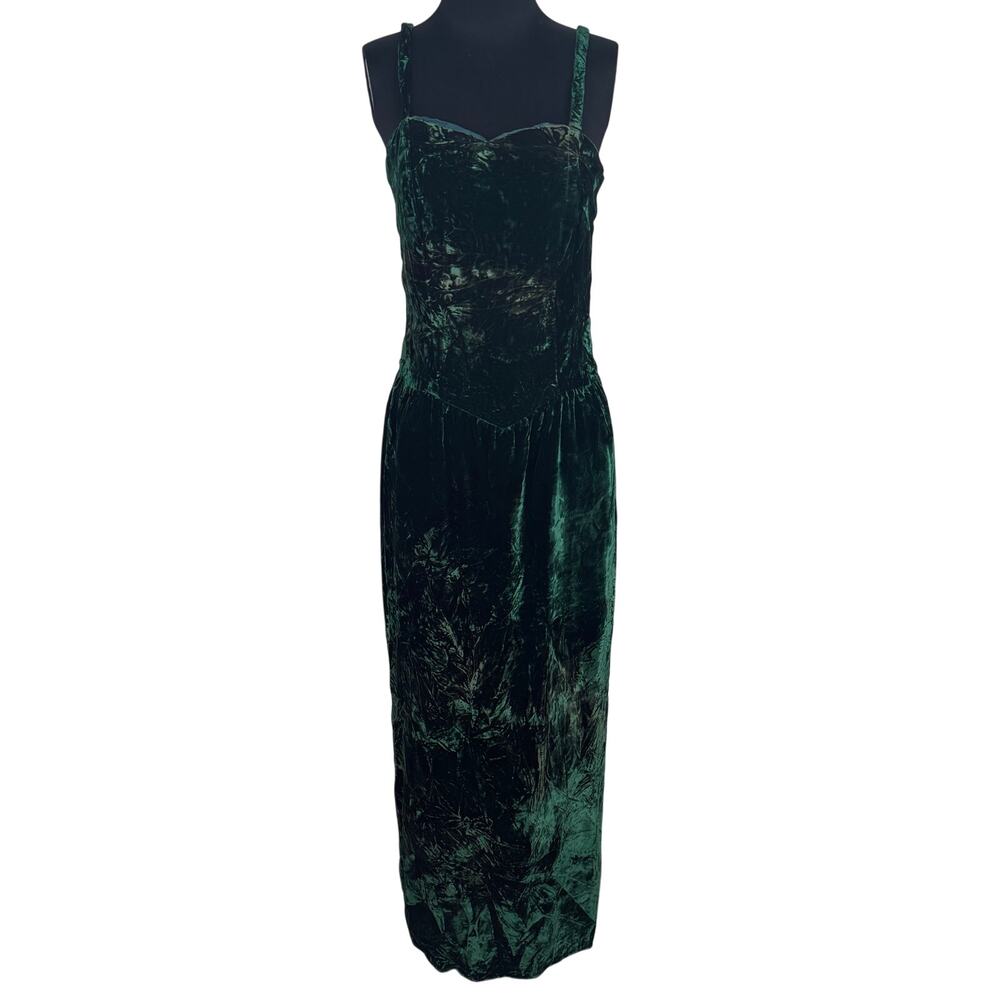 Vintage 1990s Green Crushed Velvet Maxi Dress Grunge Goth Prom Theater Costume